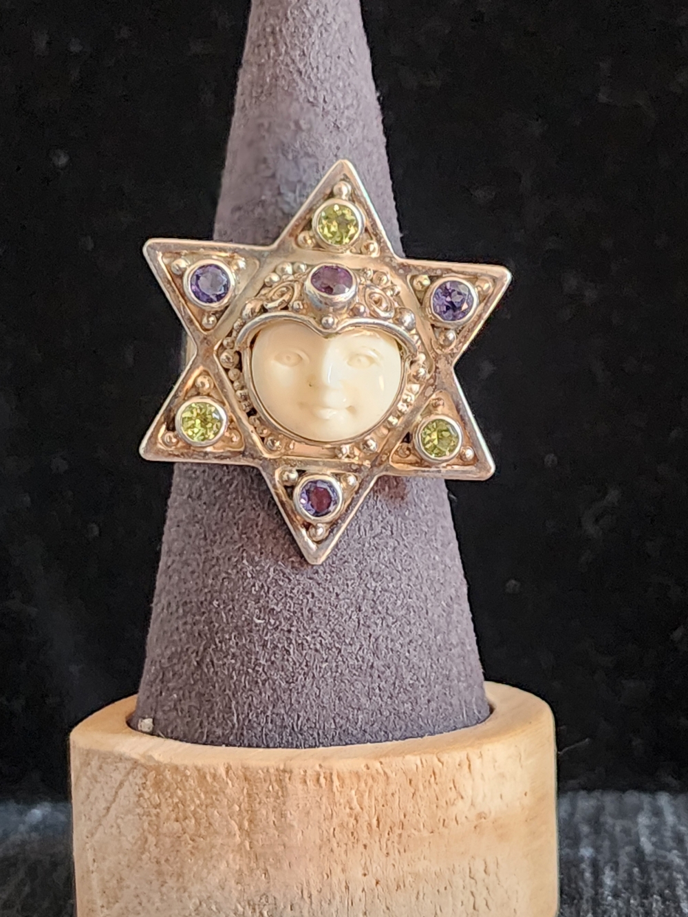 Sajen Celestial Sterling Silver "Goddess" Moon Face Star Ring Sz 10